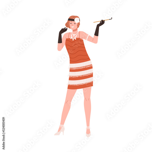 1920s woman in fashion dress for twenties party. Broadway dancer girl smoking cigarette, wearing elegant gloves. 20s New York beauty. Flat graphic vector illustration isolated on white background