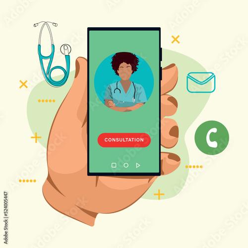 The doctor is on the phone Call a doctor Online doctor s consultation. Laboratory analyzes online View videos or video chat with the doctor Vector illustration