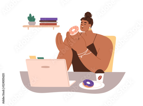 Employee eating at workplace. Chubby woman enjoying sweet coffee and donuts s...
