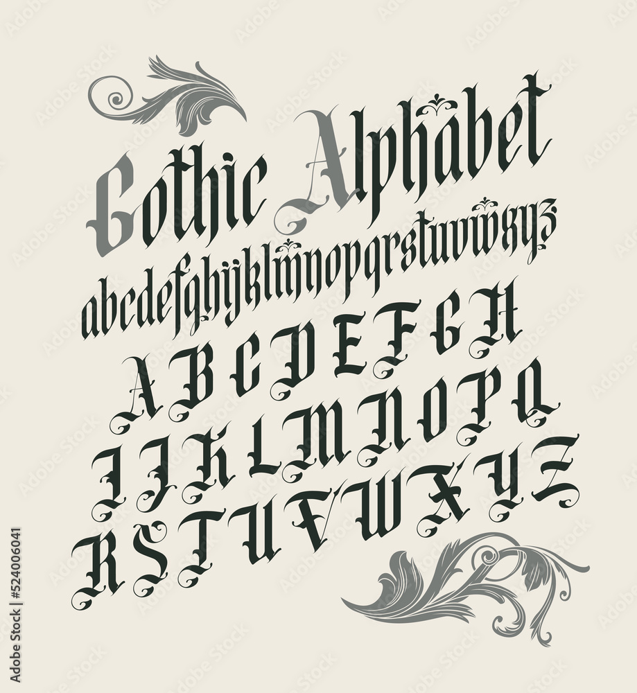Gothic font. Full set of capital letters of the English alphabet in vintage style. Medieval Latin letters. Vector calligraphy and lettering. Suitable for tattoo, label, headline, poster - obrazy, fototapety, plakaty 