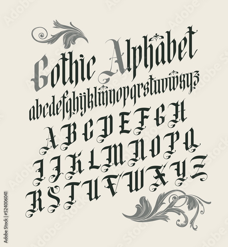 Gothic font. Full set of capital letters of the English alphabet in vintage style. Medieval Latin letters. Vector calligraphy and lettering. Suitable for tattoo, label, headline, poster