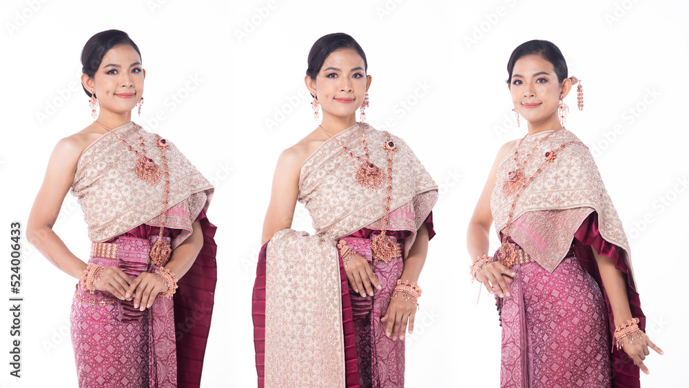 Beautiful Asian Woman wear Thai Traditional Costume as Thailand National Wedding Dress with gold decorative Fashion Items, white background isolated, half body