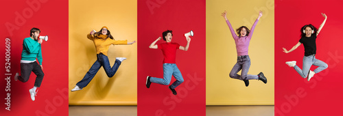 Collage. Group of young cheerful people, man and woman in casual clothes jumping isolated over multicolored studio background