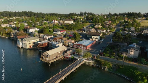 Overhead aerial view pulling away from Coupeville's downtown businesses. photo