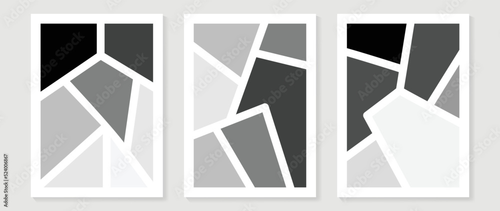 Set of abstract wall art vector. Design with polygon, geometric shapes, monochrome, black, white, grey color. Abstract painting for wall decoration, interior, prints, cover, and postcard. Set of abstract wall art vector. Design with polygon, geometric shapes, monochrome, black, white, grey color. Abstract painting for wall decoration, interior, prints, cover, and postcard.