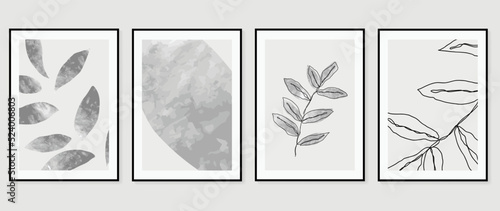 Set of abstract wall art vector. Design with foliage, tree, leaf branch, monochrome, black, white, grey color. line art. Watercolor painting for wall decoration, interior, prints, cover, and postcard.