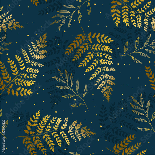 Fern gold pattern. Tropical floral seamless pattern. Colorful tropic plants background. Repeat ornamental vector backdrop. Tropic decorative endless ornament.