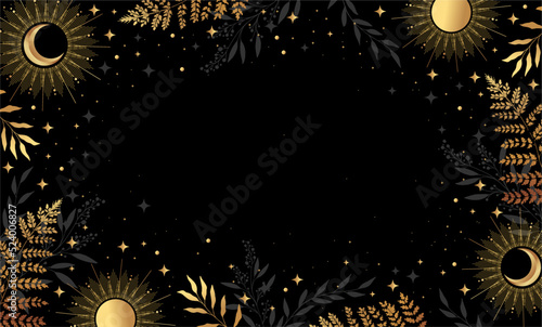 Gold background with a copy space. Mystical poster with stars, herbs and moon phases. Magical  banner in black color with a place for text. Esoteric backdrop