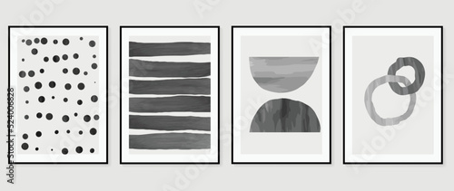 Set of abstract wall art vector. Design on white background with abstract shapes, monochrome, black and white color. Watercolor painting for wall decoration, interior, prints, cover, and postcard.