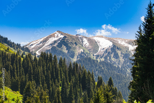 Magnificent Butakovsky gorge in the Almaty mountains, a beautiful view of the snow-capped mountain peaks