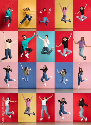 Collage. Group of young people, man and woman, cheerfully jumping, posing isolated over multicolored background