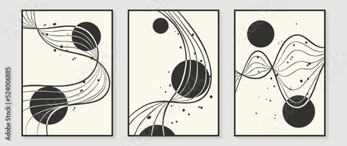 Set of abstract wall art vector. Design with line art, wave lines, ink, circles, monochrome, black and white color. Abstract painting for wall decoration, interior, prints, cover, and postcard.