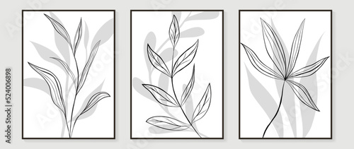 Set of abstract wall art vector. Design with leaf branch, leaves, foliage, plants, monochrome, black, white color. Botanical painting for wall decoration, interior, prints, cover, and postcard.