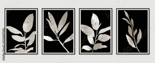 Set of abstract wall art vector. Design with leaf branch, leaves, foliage, plants, monochrome, black, white color. Botanical painting for wall decoration, interior, prints, cover, and postcard.