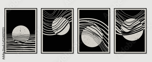 Set of abstract wall art vector. Design with line art, wave lines, ink, circles, monochrome, black and white color. Abstract painting for wall decoration, interior, prints, cover, and postcard.