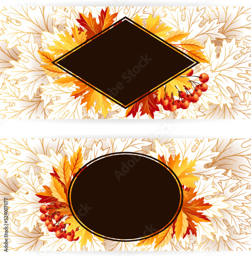 Autumn banners with fall maple tree leaves and rowanberry.