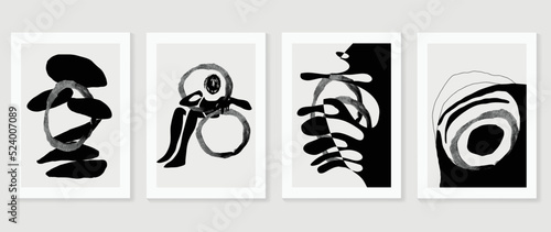 Set of abstract wall art vector. Design on white background with abstract shapes, monochrome, black and white color. Watercolor painting for wall decoration, interior, prints, cover, and postcard.
