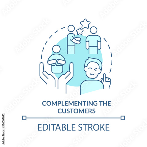 Complementing customers turquoise concept icon. Marketing campaign technique abstract idea thin line illustration. Isolated outline drawing. Editable stroke. Arial, Myriad Pro-Bold fonts used