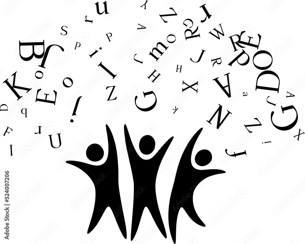 People with flying up letters. Vector decoration from scattered elements. Monochrome isolated silhouette. Conceptual illustration. People with flying up letters. Vector decoration from scattered elements. Monochrome isolated silhouette. Conceptual illustration.