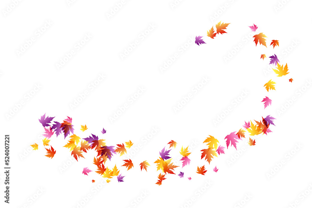 Curve line from flying colorful autumn leaves. Vector decoration from scattered elements. Colorful isolated silhouette. Conceptual illustration.