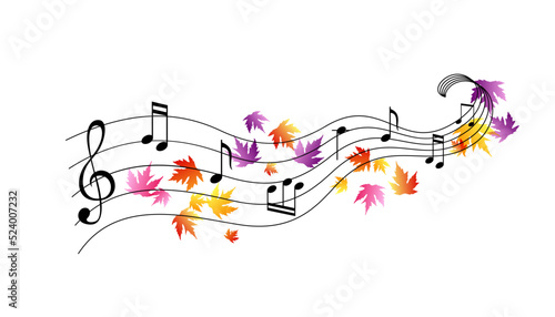 Music notes with flying colorful autumn leaves. Vector decoration from scattered elements. Colorful isolated silhouette. Conceptual illustration.