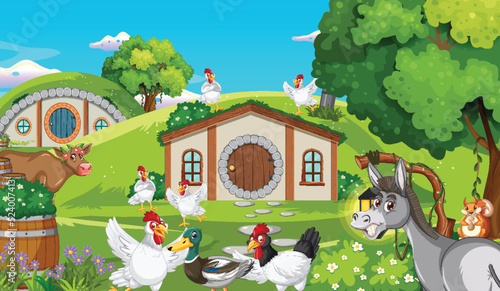 Fantasy cartoon scene with farm animals