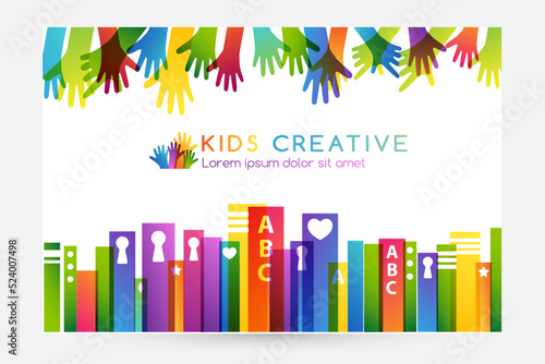 Colorful books with children hands. Horizontal divider. Kids creative conceptual vector illustration.