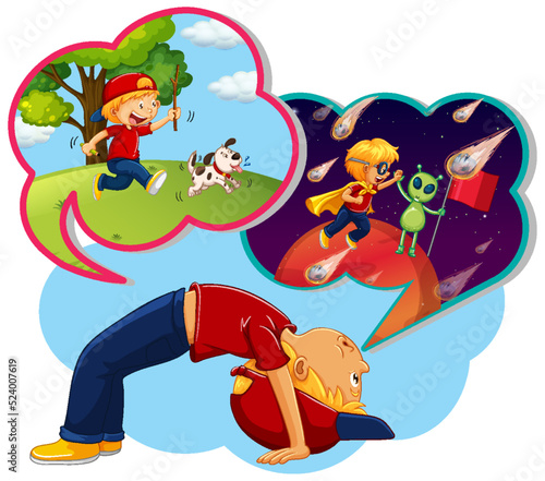 Boy thinking of playing and flying in space