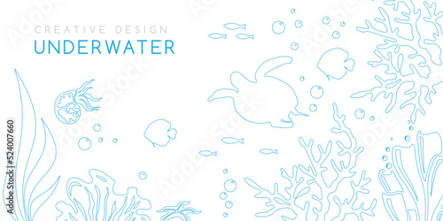 Underwater banner. Vector background in linear style with reef landscape. Turtle, corals, fish, polyps, shellfish and seaweeds and other sea wildlife.