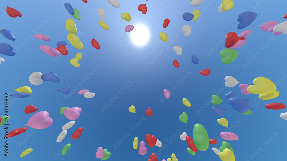 Heart Balloons rising up to the sky 3D illustration. Heart Balloons rising up to the sky 3D illustration.