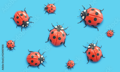 Cartoon ladybugs on blue background. Top view