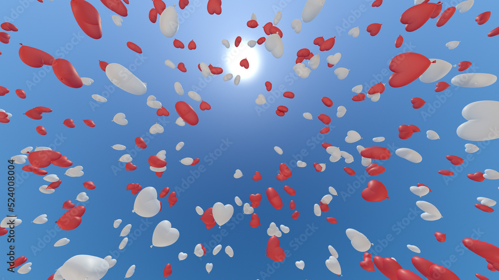 Heart Balloons rising up to the sky 3D illustration.
