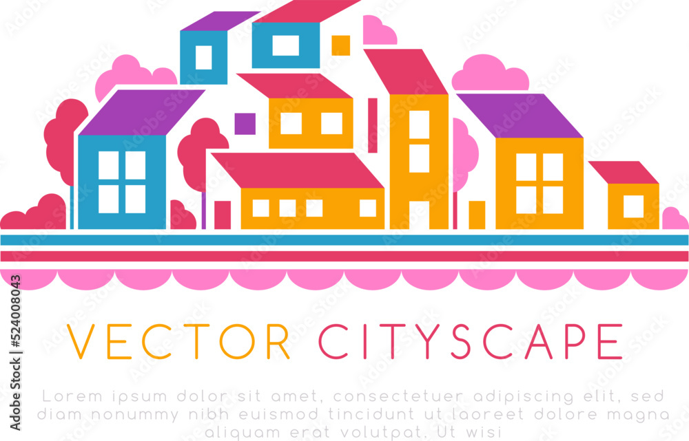 City landscape or hill town illustration in simple flat style. Vector design element with minimal geometric composition. Buildings, trees and water line. City landscape or hill town illustration in simple flat style. Vector design element with minimal geometric composition. Buildings, trees and water line.