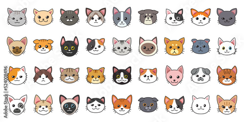 Different type of vector cartoon cat faces for design.