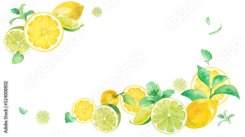 爽やかなシトラスとミントの水彩イラスト。2隅を装飾したフレームデザイン。バナー背景。レモンとライム。（透過背景）