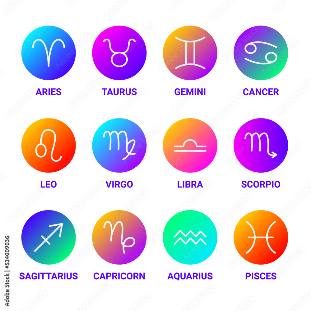 Zodiac Horoscope Line Circles Set Colorful. Vector Thin Outline Symbols