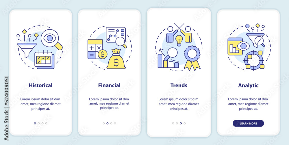 Profitability models for forecasting onboarding mobile app screen. Walkthrough 4 steps editable graphic instructions with linear concepts. UI, UX, GUI template. Myriad Pro-Bold, Regular fonts used