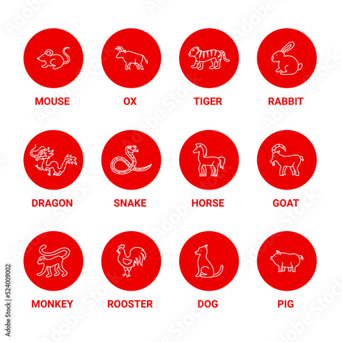 Chinese Zodiac Circles Icons Set. Vector Thin Outline Symbols.