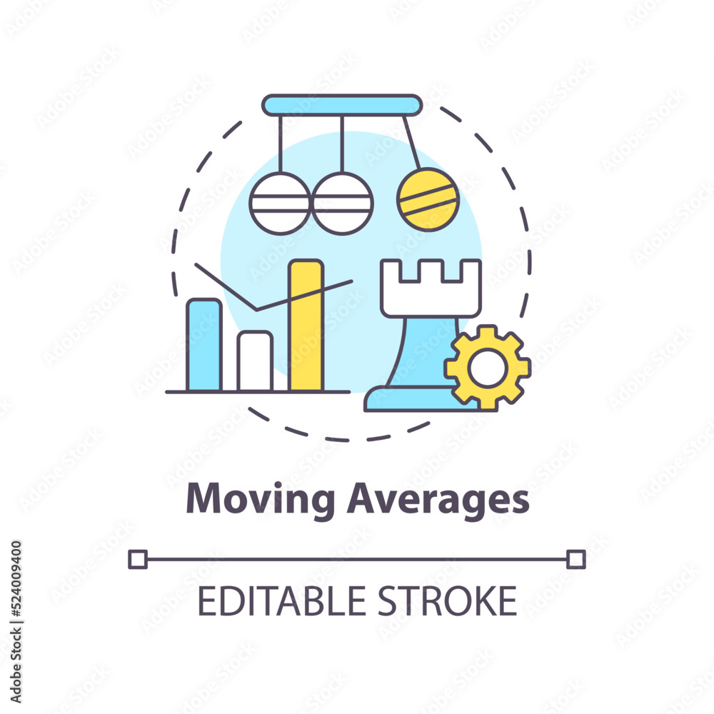 Moving averages concept icon. Business data analytics. Trend trading strategy abstract idea thin line illustration. Isolated outline drawing. Editable stroke. Arial, Myriad Pro-Bold fonts used