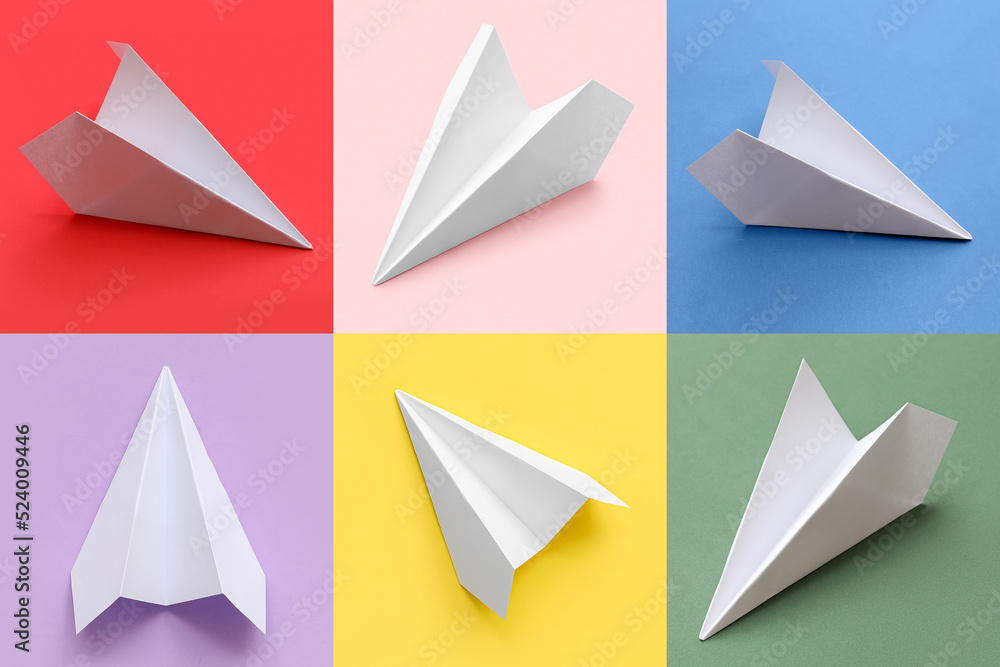 Many paper planes on colorful background Many paper planes on colorful background