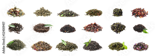 Different types of dry tea on white background