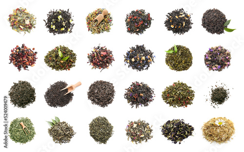 Different types of dry tea on white background, top view
