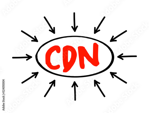 CDN - Content Delivery Network is a geographically distributed network of proxy servers and their data centers, acronym concept with arrows