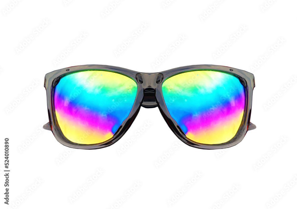 Black sunglasses with rainbow mercury lenses isolated on white background.