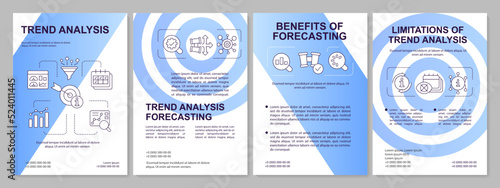 Trend analysis in forecasting blue brochure template. Leaflet design with linear icons. Editable 4 vector layouts for presentation, annual reports. Arial, Myriad Pro-Regular fonts used