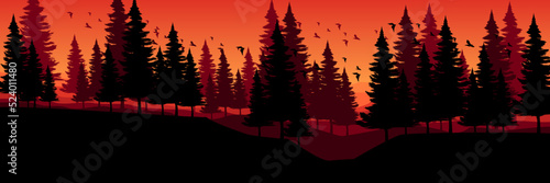 forest landscape silhouette flat design vector illustration good for wallpaper, background, banner, backdrop, web, travel, tourism, and template