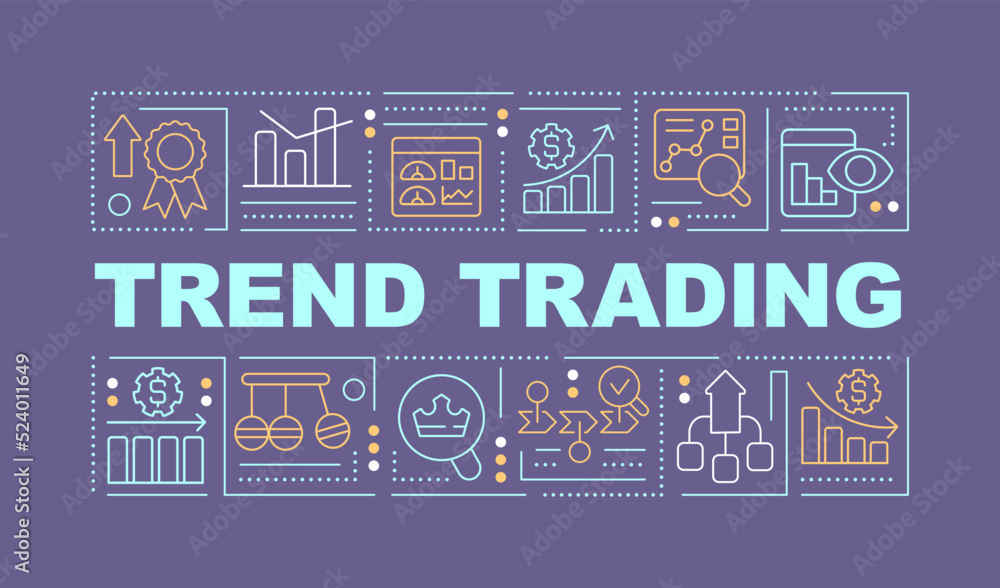 Trend trading word concepts purple banner. Stock market. Infographics with editable icons on color background. Isolated typography. Vector illustration with text. Arial-Black font used