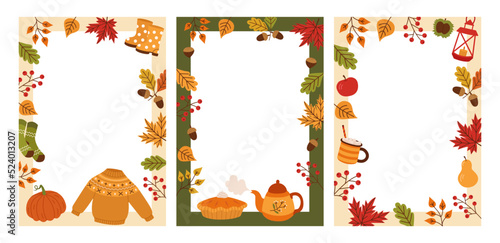 Set of autumn decorative borders in trendy hand drawn style. For postcards, invitations, organizer and schedule with place for Notes. Vector illustration with autumn elements.