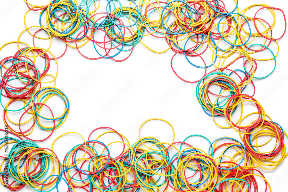 Frame made of different rubber bands on white background Frame made of different rubber bands on white background