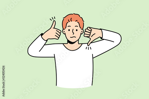 Frustrated man show like and dislike hand gestures demonstrate client feedback for service. Confused male feeling down and uplifted. Approval and disapproval. Vector illustration. 